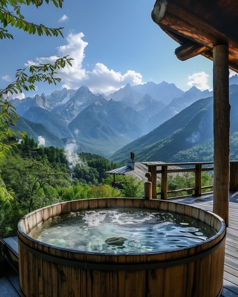 Mountain Cabin Hot Tub, Hot Tub Mountains, Hot Tub Mountain View, Mountain Hot Tub, Hot Tub Aesthetic, Hot Tub Cabin, Whirpool Outdoor, Rustic Hot Tubs, Forest Spa