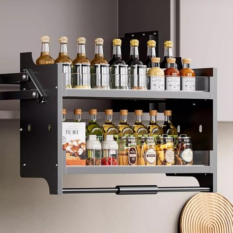 Cafe Storage, Pull Down Shelf, Shelf For Kitchen, System Kitchen, Upper Kitchen Cabinets, Spice Shelf, Hanging Cabinet, Kitchen Cabinet Pulls, Cabinet Shelving