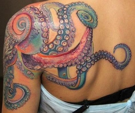 Colorful Tentacles Octopus Tattoo On Arm And Back Octopus Arm Tattoos For Women, Tentacle Tattoo, Octopus Tattoo Sleeve, Octopus Tattoo Design, Octopus Tattoos, Tattoos Mandala, Ocean Tattoos, Tattoos Geometric, Octopus Tattoo