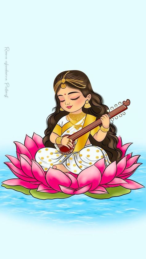 Baby Saraswati Goddess, Navratri Devi Rangoli, Maa Saraswati Wallpapers, Ma Saraswati Drawing, Ma Saraswati Images, Indian Goddess Illustration, Cute God Drawing, Indian God Drawing, God Illustration Art