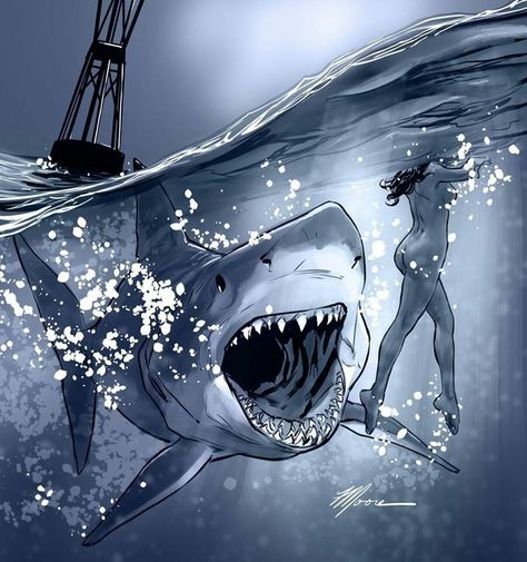 Fantasy Shark, Great White Shark Art, Shark Fantasy Art, Jaws Art, Shark Tooth Tattoo, Scary Megalodon, Shark Horror Art, Fantasy Shark Monster, Jaws Movie