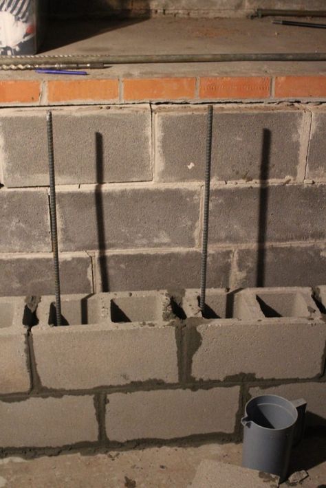 Foundation repair via Life on Shady Lane blog Small Storage Room, Cinder Block Foundation, Fixer Upper Houses, Concrete Block Foundation, Concrete Basement Walls, Basement Repair, Block Foundation, Home Improvement Grants, Concrete Block Walls