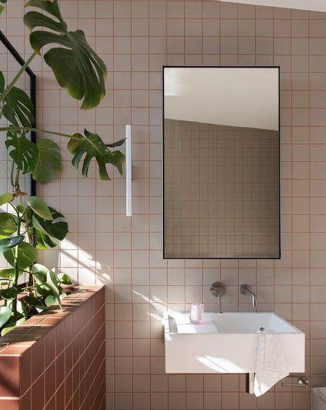 Composition House by Studio Prineas | ArchitectureAU Sink Outside Of Bathroom, Bathroom Square Tiles, 60’s Bathroom, Bauhaus Bathroom, Bathroom Closet Organization Ideas, Bath Photos, Bathroom Closet Organization, Closet Organization Ideas, House Organisation