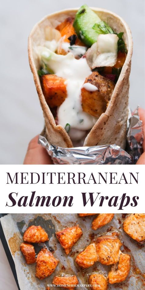 Mediterranean salmon wraps is 30-minute delicious healthy dinner idea made with salmon, tzatziki and vegetables! So easy and quick, this salmon recipe makes 4 servings and is great for meal prep too! Salmon Wrap Recipes, Salmon Tzatziki, Salmon Wraps, Greek Salmon, Liver Healthy Foods, Salmon Meal Prep, Salmon Wrap, Quick Salmon, Mediterranean Salmon