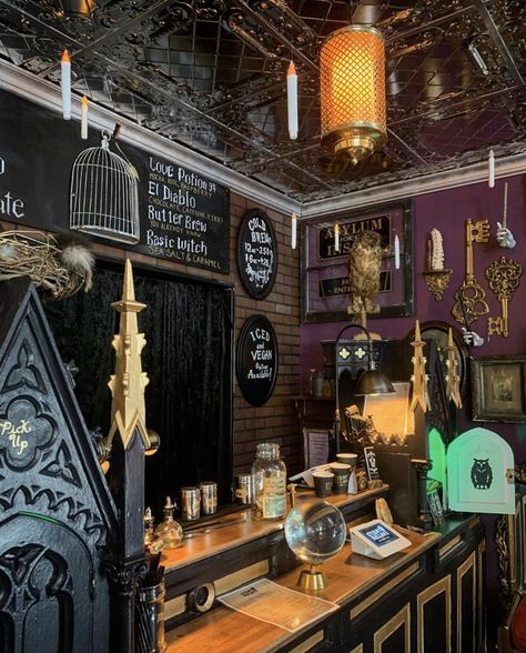 Witchy Bakery, Metaphysical Aesthetic, Coffee And Book Shop, Gothic Cafe, Gothic Bakery, Witchy Drinks, Witchy Cafe, Emo House, Fantasy Bar