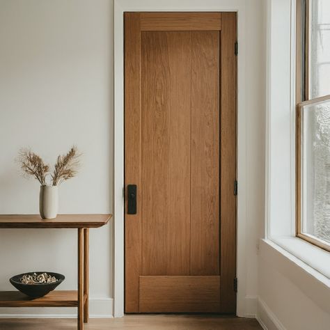 This image showcases a stylish and modern interior with beautiful wooden doors. The doors have a clean and sleek design, adding a touch of elegance to the space. The wood grain and rich color of the doors create a warm and inviting atmosphere. These doors are the perfect addition to any modern home, adding both functionality and aesthetic appeal. Wooden Interior Doors Oak, White Door Trim With Wood Door, Interior Door Without Frame, Maple Doors With White Trim, Wood Doors With Wood Trim, Wood Door Black Trim, Closet Door Inspiration, White Walls Wood Doors, Farmhouse Interior Trim Styles