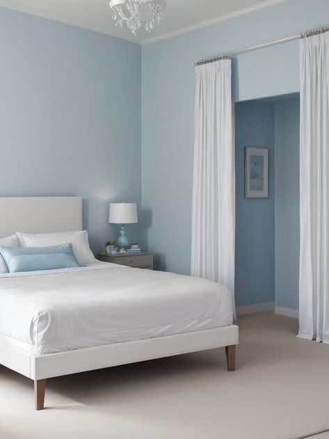 Create a peaceful atmosphere with light blue walls and soft, pastel accents. Choose a sleek white bedframe and incorporate matching light blue curtains for a cohesive look. Light Blue Accent Wall Bedroom, Blue White Bedroom, Light Blue Curtains, Light Blue Bedroom, Blue Accent Walls, Light Blue Walls, White Bed Frame, Accent Wall Bedroom, Blue Curtains