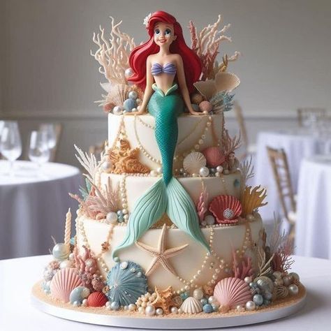 Disney Birthday Cakes Simple, Mermaid Cakes Simple, Ariel Bday Cake, Ariel Mermaid Birthday Cake, Ariel Birthday Cake Ideas, Ariel Bday Party Ideas, Birthday Cake Ariel Mermaid, Ariel Party Decorations, Cake Ariel Mermaid