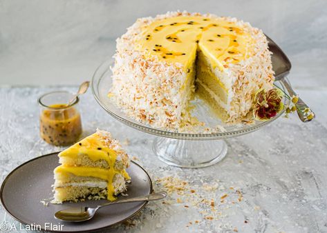 Coconut and Passion Fruit Curd Layer Cake | A Latin Flair Passion Fruit Cake, Fruit Curd, Passion Fruit Curd, Coconut Cake Recipe, Coconut Cake, Fruit Cake, Passion Fruit, Layer Cake, Cake Recipe