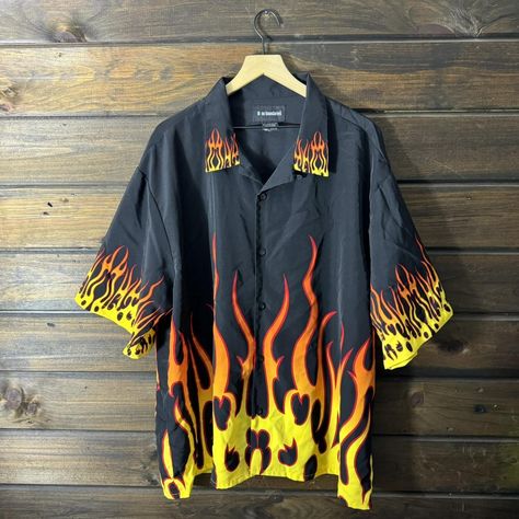 Vintage y2k No Boundaries Flame All over Print... - Depop Flame Shirt, Fire Shirt, Collard Shirt, Need Money, No Boundaries, Skating, All Over Print, Boundaries, Vintage Y2k