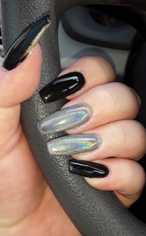 Black Nails with Holographic powder 🖤 Black And Holo Nails, Nails With Holographic, Holo Nails, Ideas Nails, Nails Black, Holographic Nails, Black Nails, Nails, Beauty