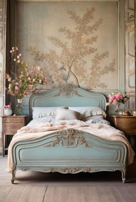 Powder Blue Master Bed, Modern Rococo Aesthetic Interior, Provincial French Bedroom, French Eclectic Home Decor, Modern French Interior Design Bedroom, Eclectic Blue Bedroom, Rococo Interior Design Modern, French Rococo Interior Design, Modern Eclectic Decor Bedroom