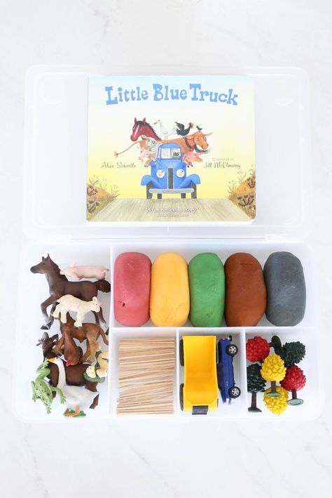 Little Blue Truck Playdough Set Diy Play Doh, Play Doh Kits, Little Blue Truck, Playdough Activities, Playdough Kits, Blue Truck, Sensory Boxes, Invitation To Play, Diy Holiday Gifts