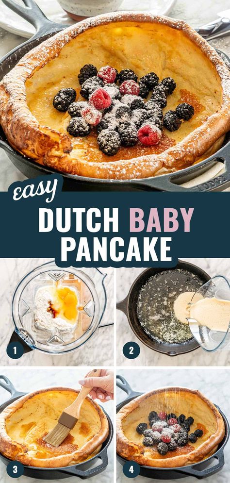 This Dutch baby pancake is large, fluffy and makes for a fantastic breakfast. Only 5 minutes of prep and 20 minutes to cook. #pancakes #dutchbaby #recipe #breakfast Dutch Baby Pancake For One, Pannakukan Recipe, Ditch Baby Pancake, Baby Dutch Pancakes, Dutch Baby Recipes, Dutchbaby Pancake Recipe, Dutch Baby Pancake Cast Iron Skillet, Dutch Babies Recipe, Dutch Pancake Recipe