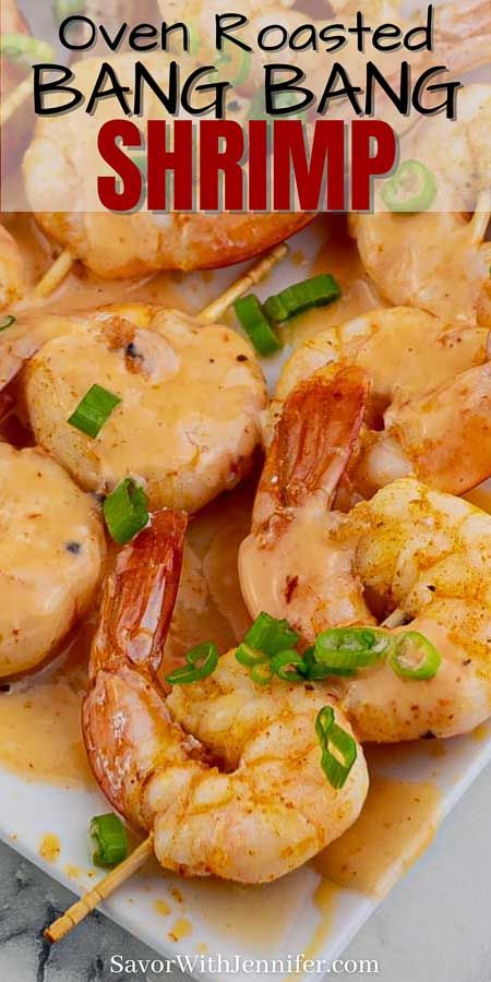 Oven Roasted Bang Bang Shrimp Skewers are tender shrimp tossed in a garlic spice rub and then roasted to succulent, seasoned perfection! Drizzle or dunk in a finger licking, crazy-craveable Bang Bang Sauce for the ULTIMATE holiday appetizer that’s ready in MINUTES! #savorwithjennifer #shrimp #roasted #healthy #bangbang Easy Shrimp Appetizers For A Party, Shrimp Skewer Recipes Oven, Shrimp Recipes In Oven, Hot Shrimp Appetizers, Easy Shrimp Appetizer Recipes, Shrimp Catering Ideas, Shrimp Appetizer Recipes For Party, Grilled Bang Bang Shrimp, Bangbang Shrimp