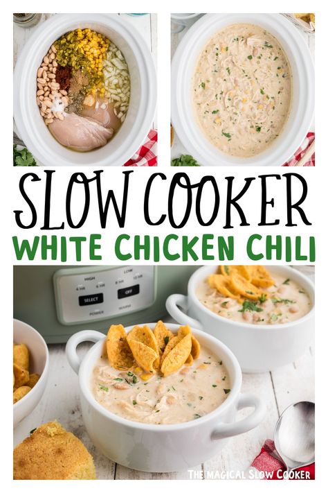 Slow Cooker White Chicken Chili White Chili Crockpot, Tenderloin Recipes Crockpot, White Chicken Chili Recipe Crockpot, Slow Cooker White Chicken Chili, Chili Healthy, Creamy Chicken Chili, White Chili Recipe, White Chicken Chili Healthy, White Chicken Chili Slow Cooker