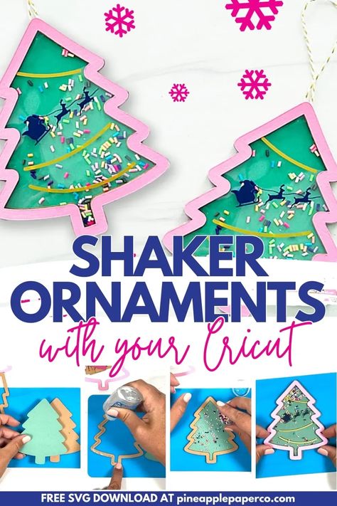 Make a festive ornament with a DIY Shaker Christmas Ornaments tutorial AND video for your Cricut! Elevate your holiday decor with a FREE SVG download, and craft the perfect-sized ornaments using your Cricut or Silhouette. Let the festive crafting begin! #DIYChristmas #Cricut Cricut Christmas Ornaments Free, Cricut Christmas Tree Decorations, Homemade Christmas Ornaments Cricut, Cricut Photo Frames, Acrylic Craft Ideas, Cricut Paper Christmas Ornaments Diy, Amazon Ornaments Diy, Amazon Ornament Diy, Christmas Ornaments Templates