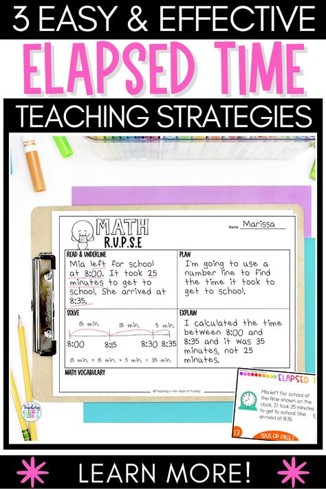 Teaching elapsed time in 3rd grade can be daunting for any teacher. However, with a bit of creativity & out-of-the-box thinking, it can be a fun & engaging lesson for your students! In this post, I share some tips and tricks to help your students master elapsed time. Using elapsed time number lines and Judy Clocks can give your 3rd grade students the practice they need to solve elapsed time word problems. Elapsed time activities are perfect for whole or small group, or math centers. CLIC Elapsed Time Activities 3rd Grade, Elapsed Time Worksheets Grade 3, Telling Time Word Problems 2nd Grade, 3rd Grade Elapsed Time, Elapsed Time Activities, Math Measurement Activities, Elapsed Time Word Problems, Independent Learning Activities, Time Word Problems