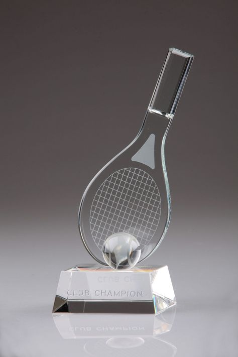 Crystal Tennis Racket on Base with ball Awards Tennis Awards, Trophy Craft, Tennis Trophy, Racket Tennis, Trophy Collection, Glass Trophies, Trophy Display, Sports Trophies, Tennis Party