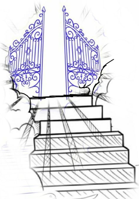 Stairs To Heaven Drawing, Stairway To Heaven Tattoo Stencil, Heaven Gate Tattoo, Stairway Drawing, Gates Of Heaven Drawing, Heaven Drawing, Gates Of Heaven Tattoo, Heaven Gates, Stairway To Heaven Tattoo