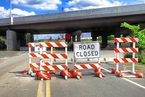 Road Closed Traffic Sign at Bridge Construction. Road closed warning safety sign #Sponsored , #sponsored, #Ad, #Traffic, #Road, #Bridge, #Sign Road Work Sign, Highway Bridge, Do Not Enter Sign, Broken Concrete, Alien Halloween, Smirnoff Vodka, Bridge Construction, Traffic Sign, Safety Barriers