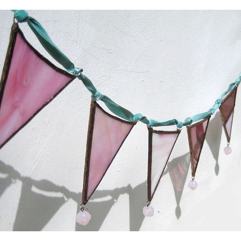 French Fancy - Glass Bunting or Garland | I was watching Sof… | Flickr Stained Glass Bunting, Stained Glass Garland, Pink Stained Glass, Glass Garland, Rose Beads, Pale Pink Roses, Copper Patina, Velvet Ribbon, Pink Glass