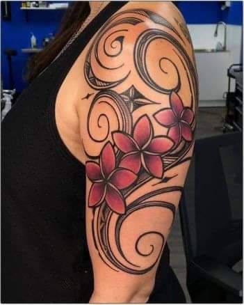 Feminine Hawaiian Tattoos, Hawian Flower Tattoos Women, Flower Tattoos Hip, Hawaiian Plumeria Tattoo, Tattoos Tropical, Flower Tattoos Men, Plumeria Flower Tattoos, Tropical Flower Tattoos, Arm Wrap Tattoo