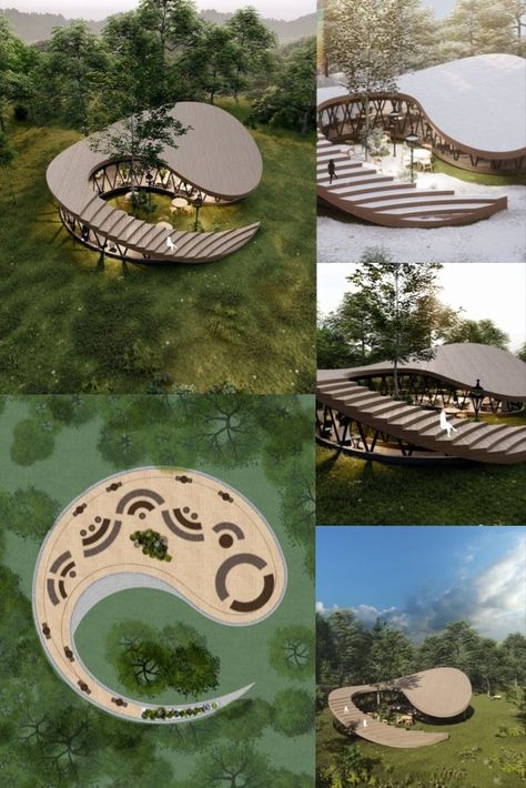 Spiral Cafe is the design of a small coffee shop in the green space of Mazandaran Forest. This cafe, along with 29 other projects, will form the Izadshahr Forest Park, which is the largest forest eco-park in the Middle East. #architecture #architect #amazingarchitecture #design #interiordesign #interiordesigner #decor #homedecor #home #house #luxury #diy #travel #amazing #photography #realestate #casa #arquitecto #arquitectura #decoration #cafe #iran #render #archviz #nature Circular Organic Architecture, Outdoor Cafe Architecture, Park Cafe Architecture, Cafe Forest Design, Eco Cafe Design, Forest Architecture Concept, Park Cafe Design, Forest Cafe Design, Eco Park Design