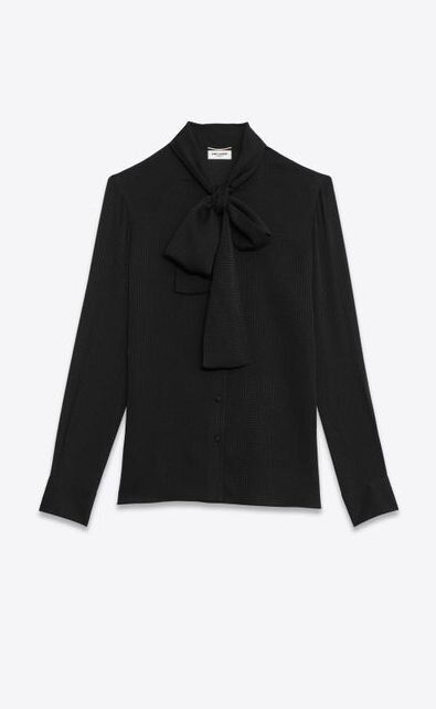 Saint Laurent Lavallière-Neck Blouse in Black Shiny And Matte Puppytooth SilkButtoned blouse featuring beveled cuffs and a beveled lavallière tie. Front button closure. Lavallière necktiebeveled one-button cuffs with double-pleated one-button placket. 100% Silk. Colour: black Purchase Worn by Charlotte Casiraghi on:5 September 2019 - "Our Lady Of The Nile" Premiere, 2019 Toronto International Film Festival Black Attire, From Miss To Mrs, Silk Dress Long, Bustier Dress, The Saint, Satin Slip, Satin Slip Dress, Kpop Fashion Outfits, Cool Street Fashion