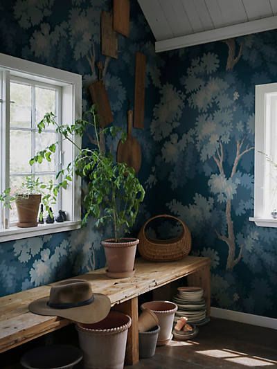 RAPHAEL FOREST - MURAL - Wallcovering Swedish Wallpaper, Wallpaper Australia, Outdoors Indoors, Hallway Wallpaper, Forest Mural, Dark Blue Wallpaper, Sandberg Wallpaper, Forest Wallpaper, Mural Design