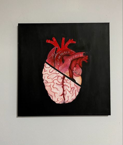 Brain Painting Creative, Brain Painting Abstract, Real Heart Painting, Overthinking Painting Ideas On Canvas, Anatomy Painting Ideas, Heartache Painting, Brain Painting Acrylic, Brain And Heart Drawing, Anatomy Canvas Painting