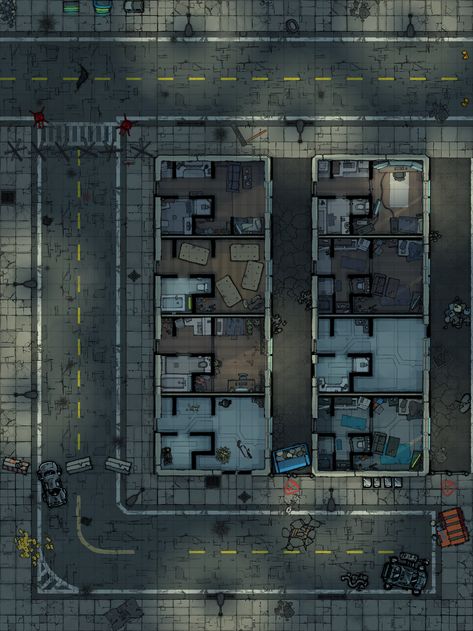 Modern Battle Maps, D20 Modern Maps, Dnd Post Apocalyptic Map, Dnd Modern Map, Modern Dnd Maps, Cyberpunk Battlemap, Zombie Rpg, Fallout Map, Post Apocalyptic Games