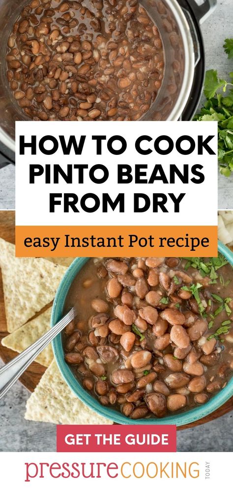 A picture collage of pinto beans cooked inside an Instant Pot on top, and a green bowl filled with Instant Pot pinto beans, and topped with diced cilantro on bottom. via @PressureCook2da Instant Pot Beans Recipe, Pressure Cooker Beans, Recipes With Kidney Beans, Multi Cooker Recipes, Pinto Bean Recipes, Pressure Cooking Today, Red Kidney Beans, Best Pressure Cooker, Cooking Dried Beans