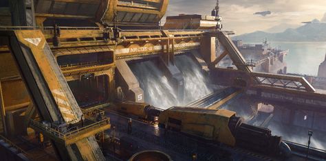 ArtStation - Hydro-dam/Hangar Game Level Design, Super Earth, Sci Fi Props, Sci Fi City, Sci Fi Environment, Ark Survival Evolved, Building Concept, Sonic Adventure, Concept Ships