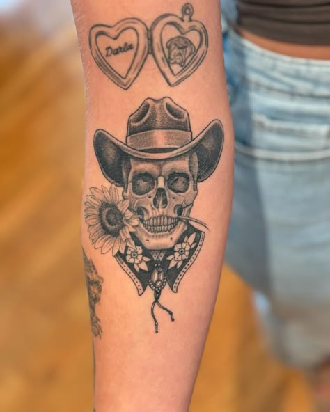 Recently healed Cowboy Skull and Sunflower Cow Hand Tattoo, Skeleton With Cowboy Hat Tattoo, Western Leg Sleeve, Western Skeleton Tattoo, Cowboy Skull Tattoo, Skull And Sunflower, Chris Tattoo, Cowboy Hat Tattoo, Cowboy Skull