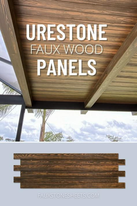 URESTONE faux wood panels upgrade the underside of a porch patio. Wood Look Cladding, Exterior Wood Cladding Ideas, Faux Wood Beams Outdoor, Faux Wood Beams Exterior, Outdoor Wood Ceiling Ideas, Wood Ceiling Porch Ideas, Faux Wood Ceiling Panels, Faux Wood Vinyl Siding, Wood Ceiling Front Porch