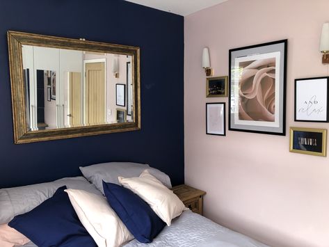 Navy And Pink Bedroom Master Accent Wall, Blush Pink And Dark Blue Bedroom, Dark Blue And Light Pink Bedroom, Blue And Pink Wall Paint Ideas, Sapphire Salute Bedroom, Navy And Pink Bedroom Ideas, Navy And Pink Bedroom Master, Pink And Blue Walls, Pink Navy Bedroom