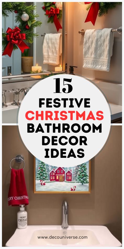 Stylish bathroom decor for a festive holiday look! Add elegance and warmth to your Christmas setup. (Pin for later!) Bathroom Greenery, Bathroom Shower Screen, Christmas Bathroom Decor Ideas, Greenery Bathroom, Beautiful Themes, Fresh Home Decor, Flooring Bathroom, Holiday Scented Candles, Holiday Bathroom