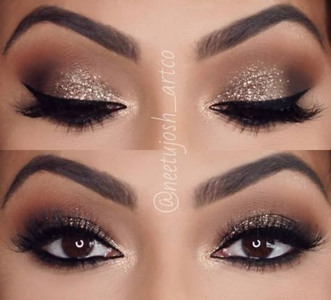 Make Up Gold, Silver Makeup, Wedding Eye Makeup, Prom Eye Makeup, Holiday Makeup Looks, Wedding Day Makeup, Eye Makeup Pictures, Glam Makeup Look, Eye Makeup Designs