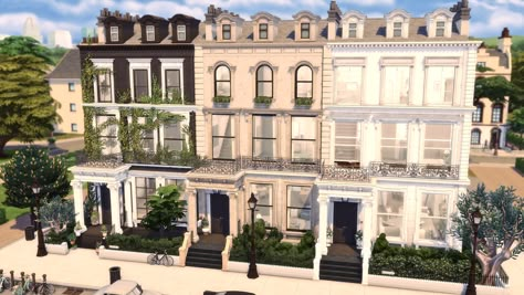 Family Homes Sims 4, Homes Sims 4, Nyc Bloxburg, Bloxburg Apartment, Sims Lots, English Townhouse, 4 Town, Townhouse Exterior, San Myshuno