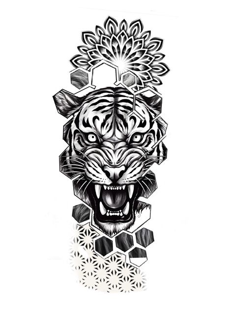 Tiger Geometric Tattoo, Tiger Mandala Tattoo, Geometric Floral Tattoo, Cool Animal Tattoos, Aa Tattoos, Rose Tattoo Stencil, Mandala Hand Tattoos, God Tattoo, Geometric Mandala Tattoo