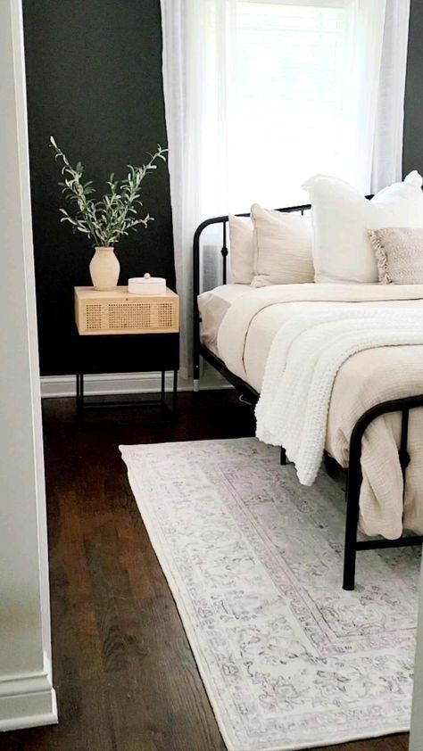 #bedroomgoals #bedroominspo #bedroomstorage Dark Wood Floor Master Bed, Modern Bedroom With Metal Bed Frame, Black White And Wood Tones Bedroom, Black Metal Four Poster Bed Frame, Boho Black White Bedroom, Black Bed Frame Color Schemes, Black And Wood Bed Frame, Metal Bed Frame Guest Bedroom, Bedroom Inspirations White And Black