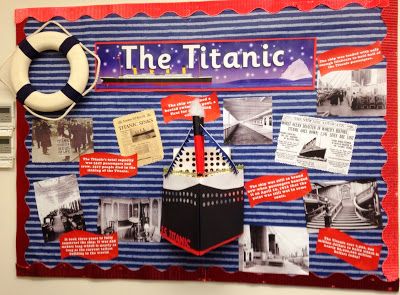 Titanic Display -- Across from the elevator? Primary School Displays, Titanic Poster, Titanic Art, Library Book Displays, Class Displays, Reading Projects, Library Bulletin Boards, Elementary Library, School Displays