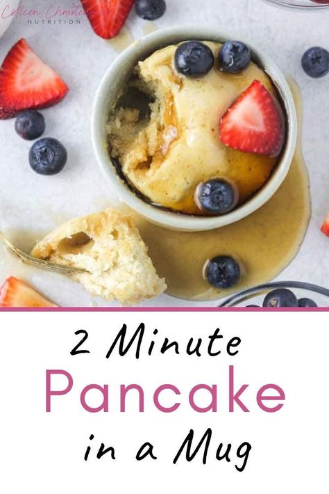 Pancakes are no longer just for slow, lazy weekend mornings! Have a pancake any day of the week with this 2 minute pancake in a mug recipe! Mug Recipes Microwave, Mug Pancake, Pancake In A Mug, Microwave Pancakes, Breakfast In A Mug, Dessert Pancakes, Recipes Microwave, Microwave Mug Recipes, Easy Microwave Recipes