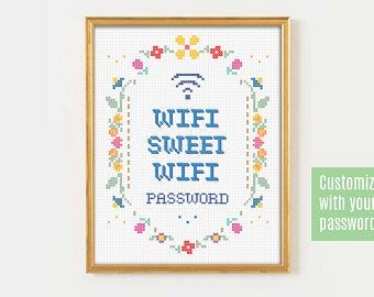 Eclectic Design & Illustration by NarwhalDesignInk on Etsy 5x7 Cross Stitch Patterns, Wifi Password Sign, Wifi Password, Shop Artwork, Custom Cross, Linen Paper, Craft Projects For Kids, Home Bathroom, Gift Message