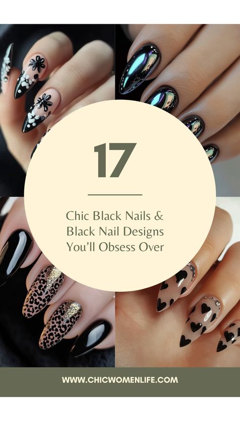 17 Chic Black Nails & Black Nail Designs You’ll Obsess Over Nail Art Designs Witchy, Black Franchise Nails, Nail Designs With Black Polish, Black Chic Nails, Black Round Nails Design, Grey Cheetah Nails, Black And Rhinestone Nails, Black Gel X Nail Designs, Black And Nude Nails Simple