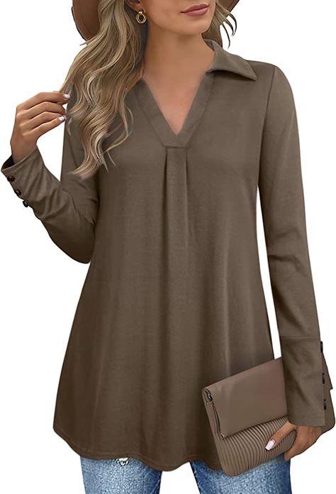 Vivilli Women V Neck Long Sleeves Swing A Line Tunic Tops wear with leggings Stylish Tunic Tops, Flowy Tunic Tops, Stylish Tunic, Wear With Leggings, Matching Leggings, Blouse Tops, Shirts Design, Women Tunic Tops, Flowy Tops