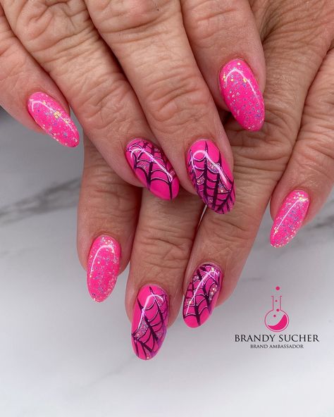 Pretty in pink, but make it spooky! 💖🕸️ These hot pink nails with chrome spiderwebs are serving fierce and festive vibes—because who says spooky can’t be stylish? 🕷️💅🏻 @lightelegancehq -Playful Pink Buttercream -She’s a Star P+ glitter ✨Use my code “BRANDY15” to get 15% off your first order✨ #pinkperfection #halloweennails #toocutetospook #spookyseason #chromenails #nailart #LEBrandAmbassador #GetKlawed #480nails #aznails #nailsmagazine #nails #nailsofinstagram #nailinspo #independentnai... Hot Pink Spooky Nails, Pink Spider Web Nails, Hot Pink Spider Web Nails, Purple Spiderweb Nails, Pink Halloween Nails Spider Web, Hot Pink Nails, Nails Magazine, Chrome Nails, Halloween Nails