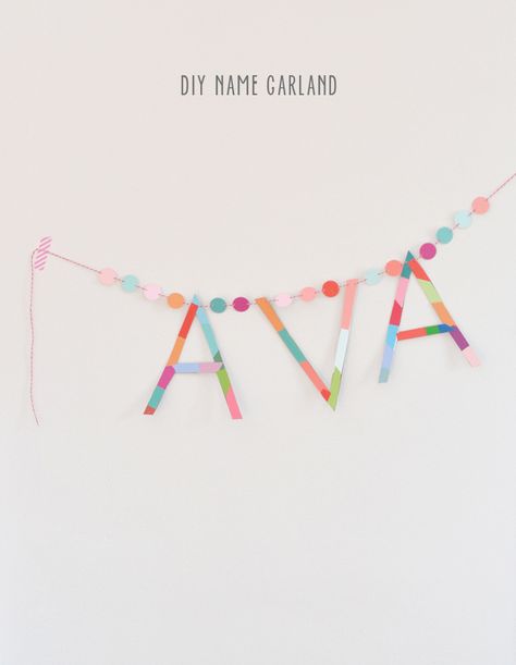 DIY name garland made with paint chips ~ colorful and easy | art bar for small for big Paint Chip Crafts, Name Garland, Tutorial Hijab, Art Camp, Art Bar, Diy And Crafts Sewing, Room Deco, Coffee Filters, Craft Wedding