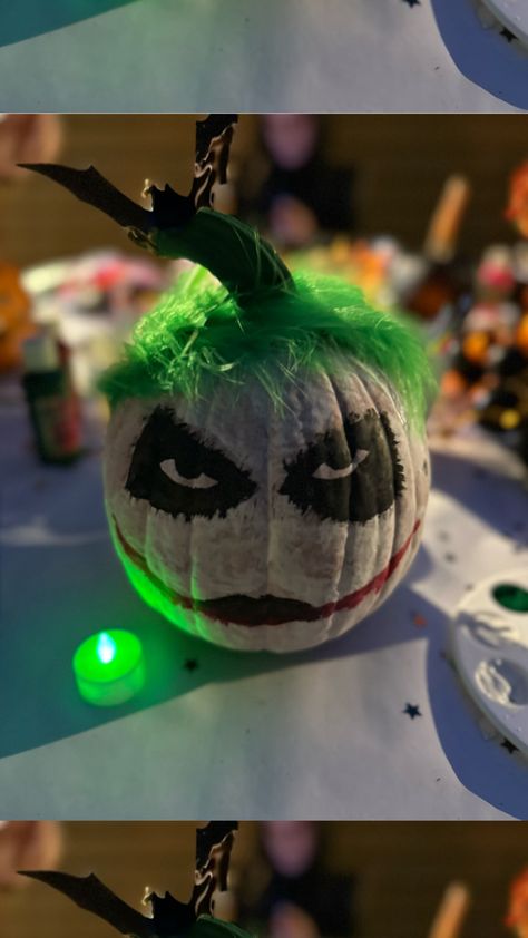 Pumpkin painting Joker Joker Pumpkin Painting, Joker Pumpkin, Feathers For Hair, Joker Painting, Green Feathers, Green White Red, Halloween Traditions, Halloween Jack O Lanterns, Christmas Food Desserts